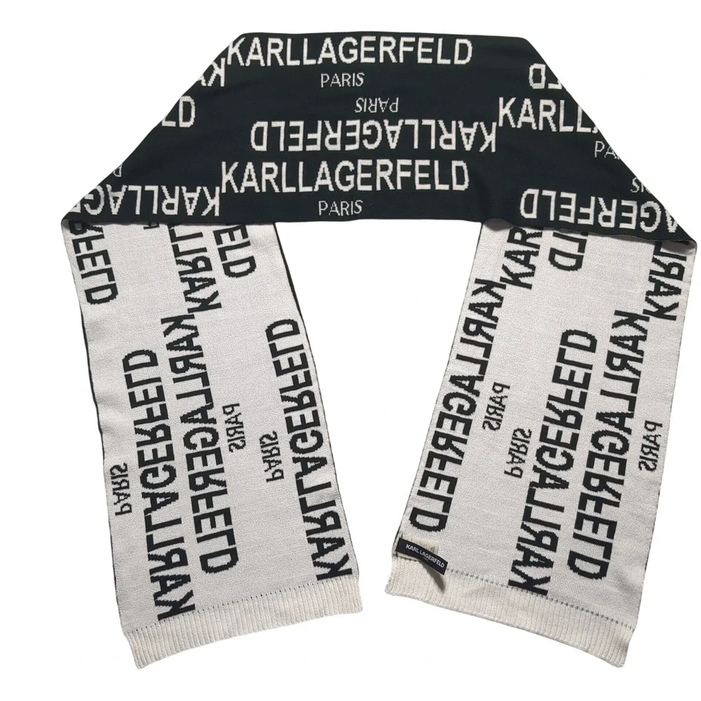 Karl Lagerfeld Paris Scarf‎ Black White Logo Knit Acrylic Reversible  70x10 EUC